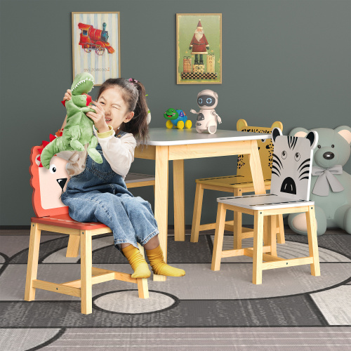 Kids Table and 2 Chairs Set, 3 Pieces Toddler Table and Chair Set, Wooden Activity Play Table Set (Lion&Monkey)、、casual