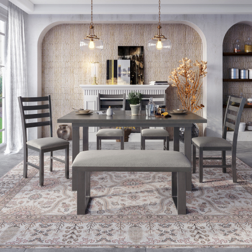 TREXM 6-Pieces Family Furniture, Solid Wood Dining Room Set with Rectangular Table & 4 Chairs with Bench(Gray)、、casual