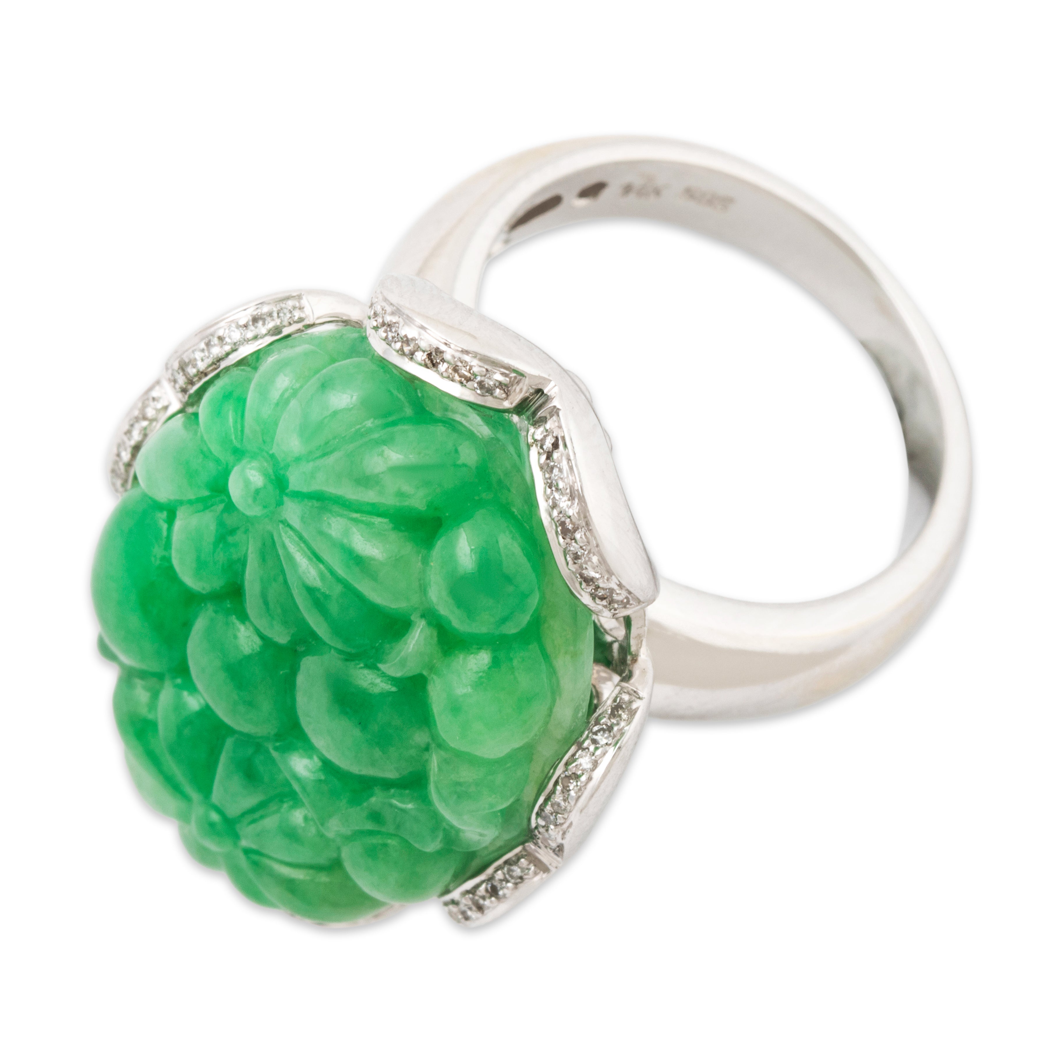 Vintage Oversized 14k White Gold 22ct Jade Diamond Carved Cocktail Ring 7.25、mySite、hinf8tx79
