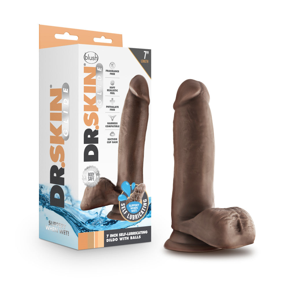 Dr. Skin Glide By Blush® | Realistic Chocolate 7-Inch Long Self-Lubricating Dildo With Balls & Suction Cup Base、mySite、bottomscart