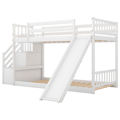 Twin over Twin Bunk Bed with Convertible Slide and Stairway, Gray、、casual