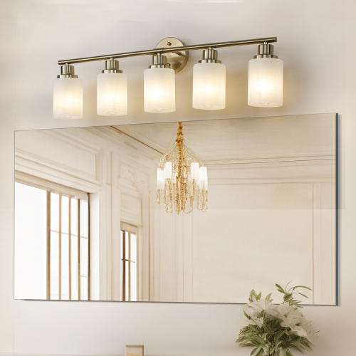 31" Modern 5-Light Vanity Wall Sconce, Golden Finish with Frosted Glass Shades for Bathroom or Hallway Lighting (No Bulbs)、、eastwooduniform