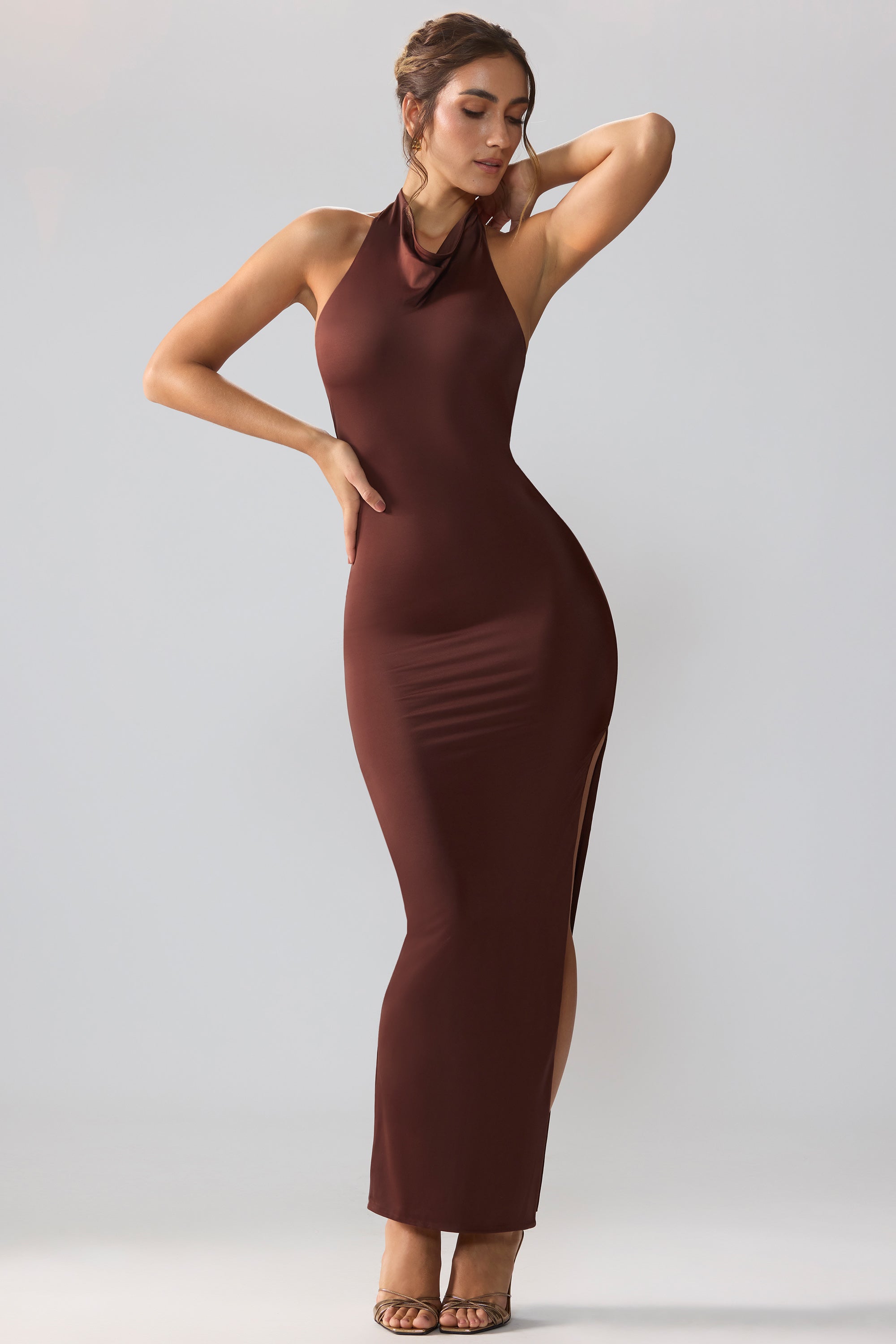 Premium Jersey Cowl Neck Backless Maxi Dress in Espresso、mySite、solidvoid