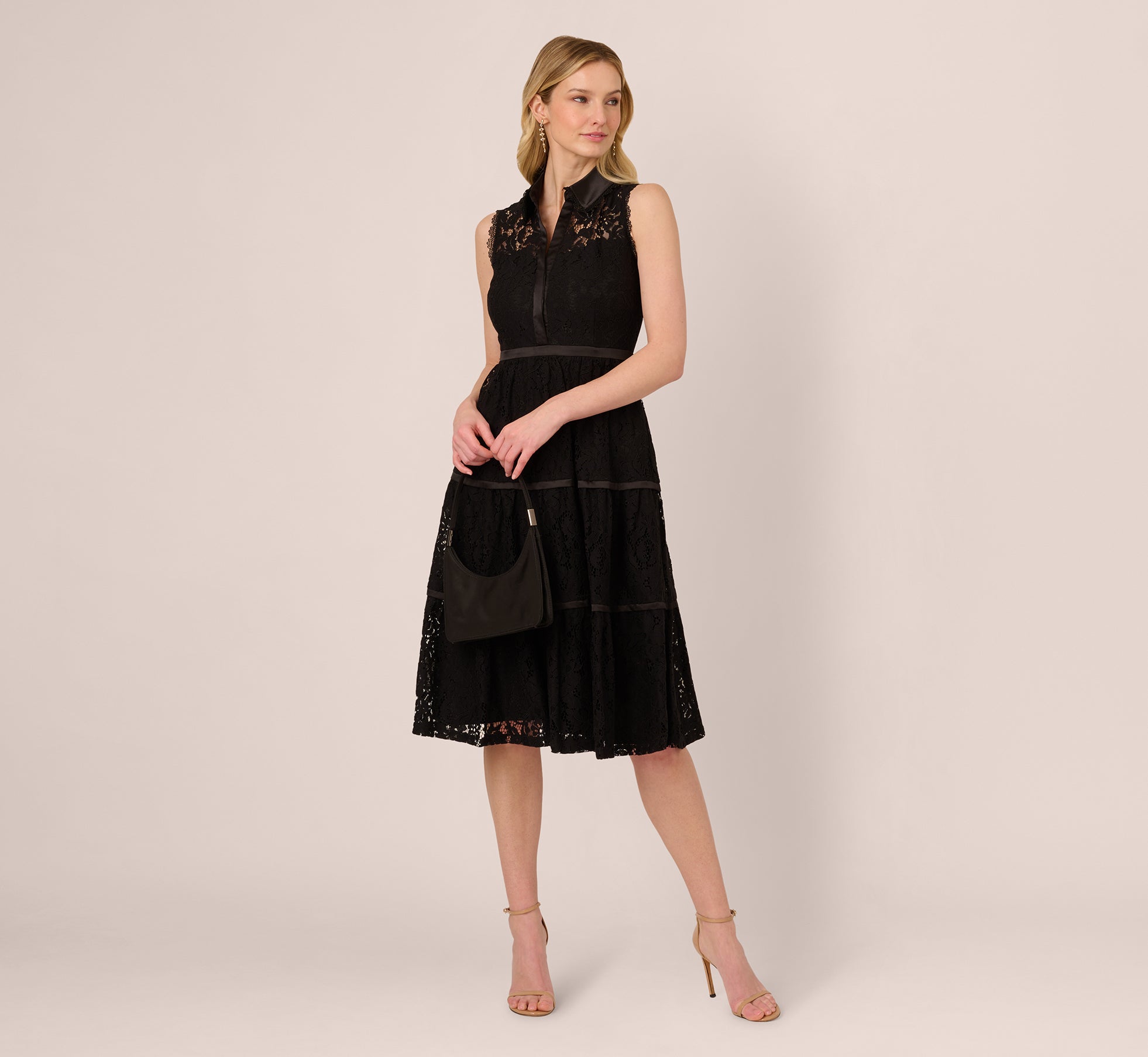 Sleeveless Collared Lace Fit And Flare Dress In Black、mySite、solidvoid