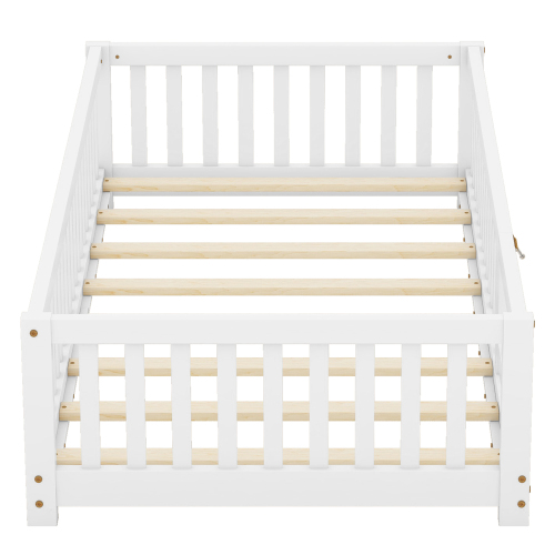 Twin Size Bed Floor Bed with Safety Guardrails and Door for Kids, Natural(Old SKU: W158090686)、、casual