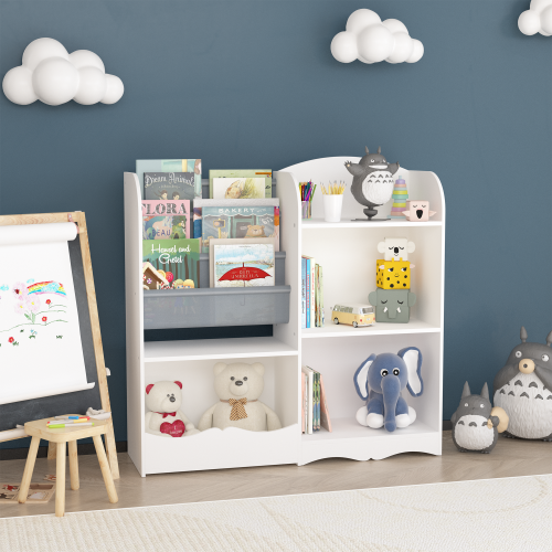 Kids Bookcase and Bookshelf, Multifunctional Bookcase with 3 Collapsible Fabric Drawers, Bookcase Display Stand, Toy Storage Organizer for Bedroom, Playroom, Hallway (White/Pink)、、casual