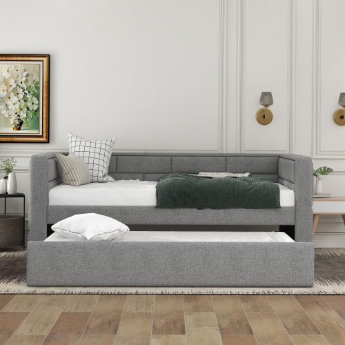 Twin Size Daybed with Trundle, Upholstered Daybed with Padded Back, Gray、、casual
