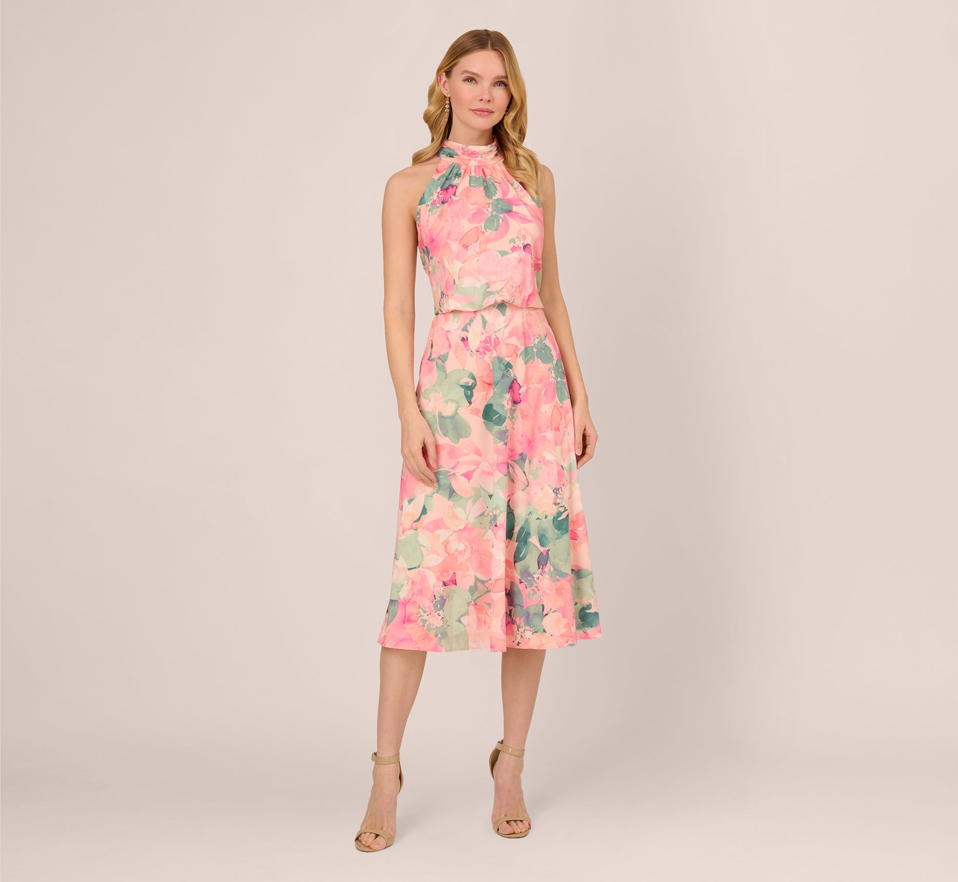 Floral Print Chiffon Halter Dress With Mock Neck In Blush Multi、mySite、solidvoid