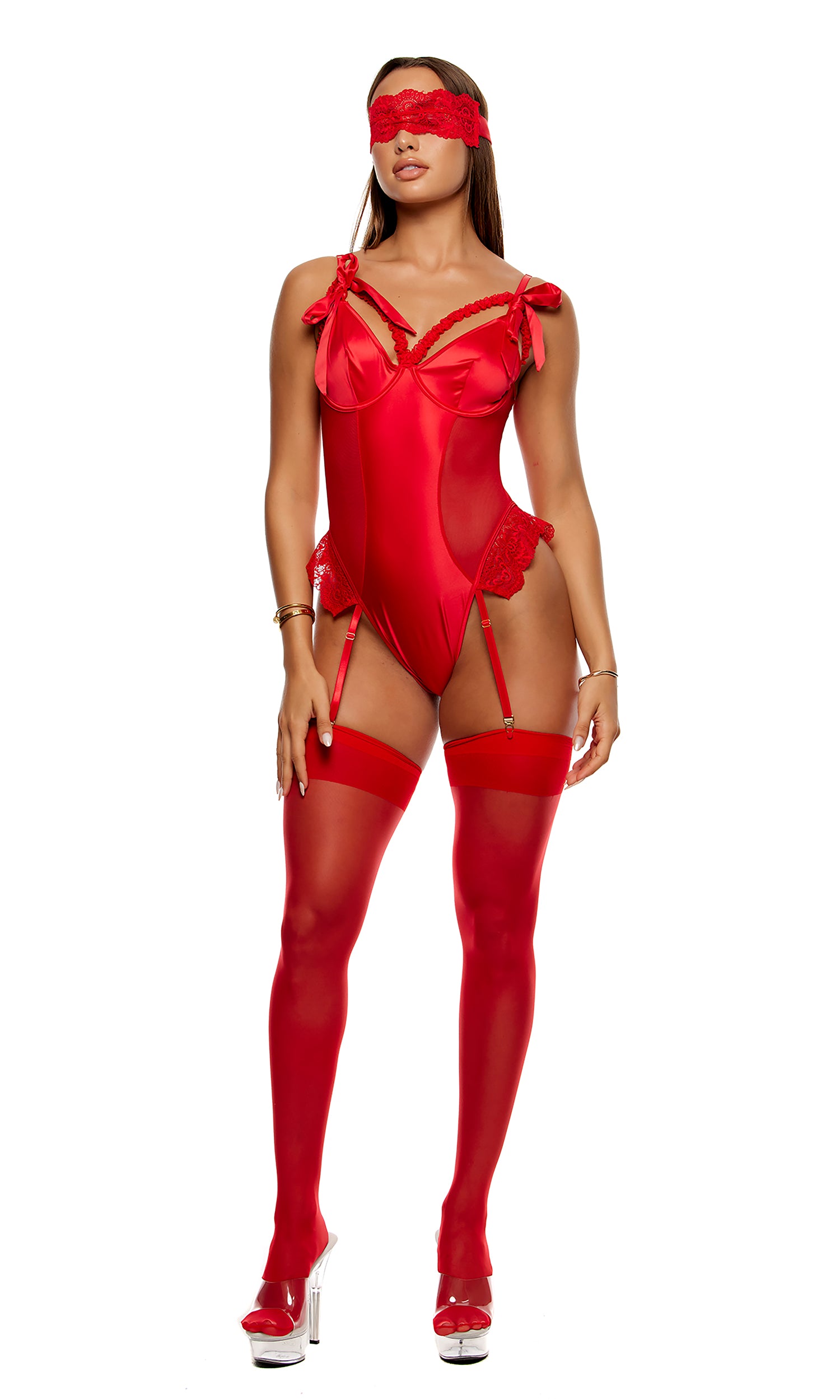 No Strings Attached Satin and Mesh Lace Trim Teddy Lingerie Set - Red、mySite、bengalsvssteelers