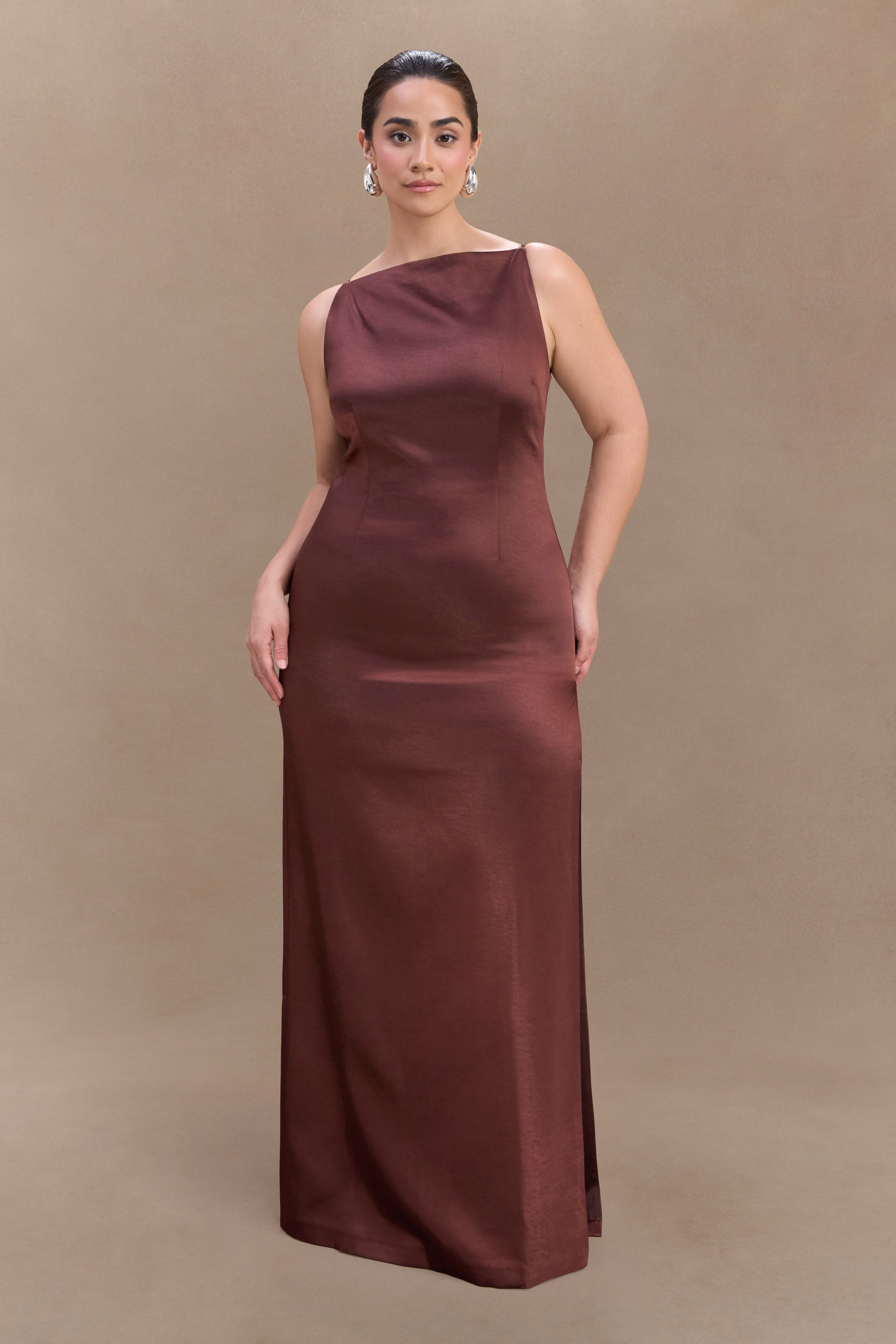 Violet Sleeveless Satin Maxi Dress - Dark Chocolate、mySite、solidvoid