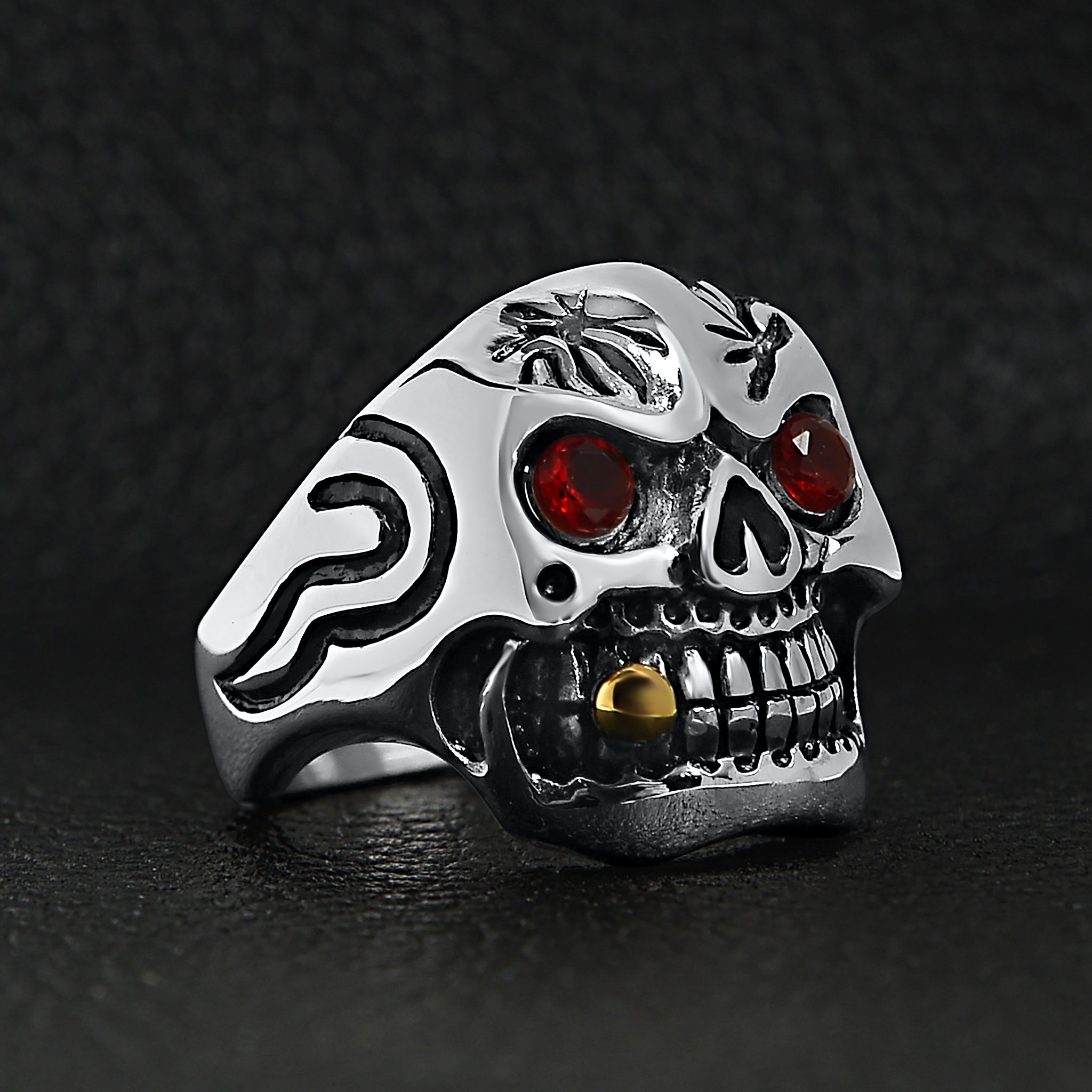 Stainless Steel Bullet Cigar Smoking Red CZ Eyed Skull Ring / SCR3074、mySite、dreamappss