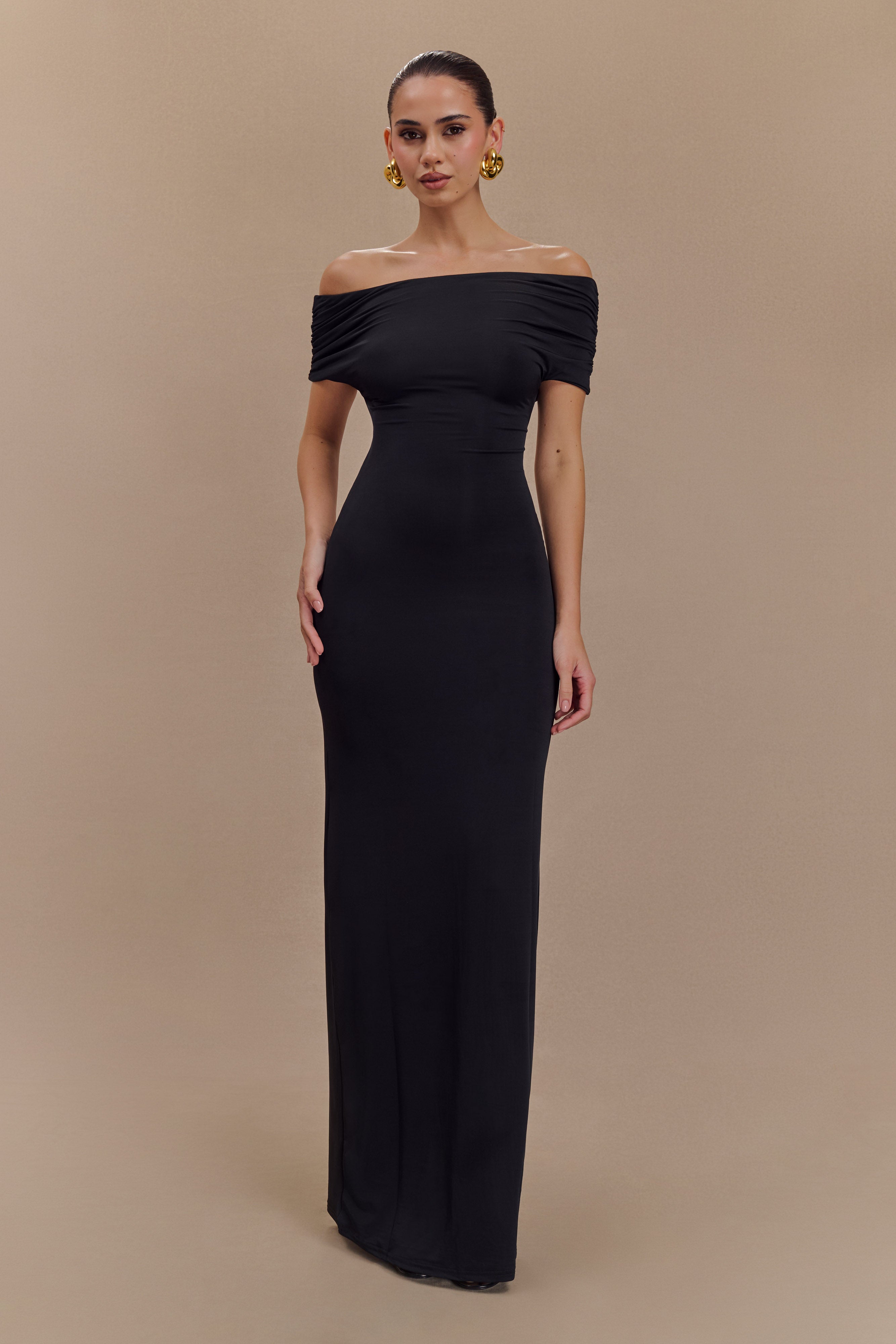 Imogen Off Shoulder Slinky Maxi Dress - Black、mySite、solidvoid