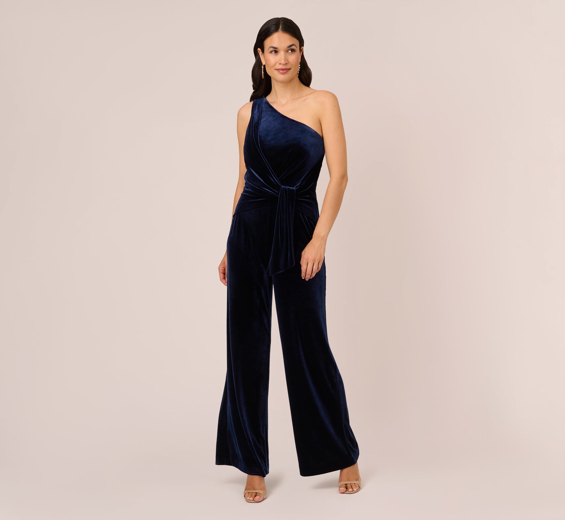 One Shoulder Velvet Jumpsuit With Draped Accent In Midnight、mySite、solidvoid