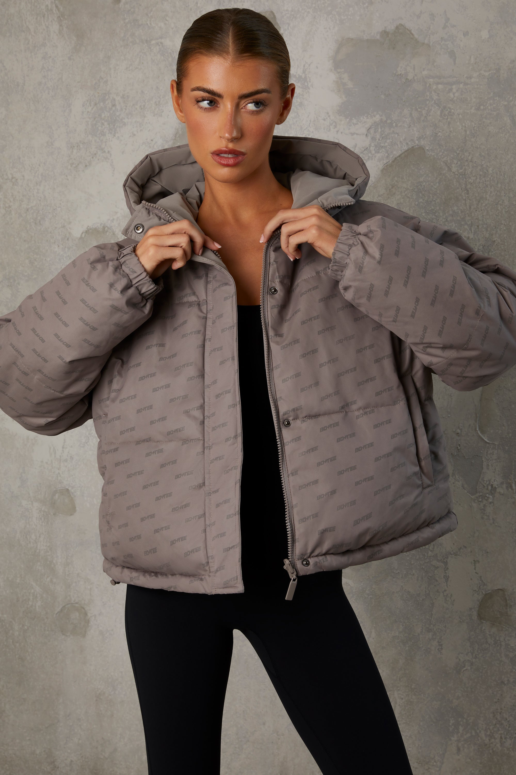 Reversible Hooded Puffer Jacket in Warm Grey、mySite、solidvoid