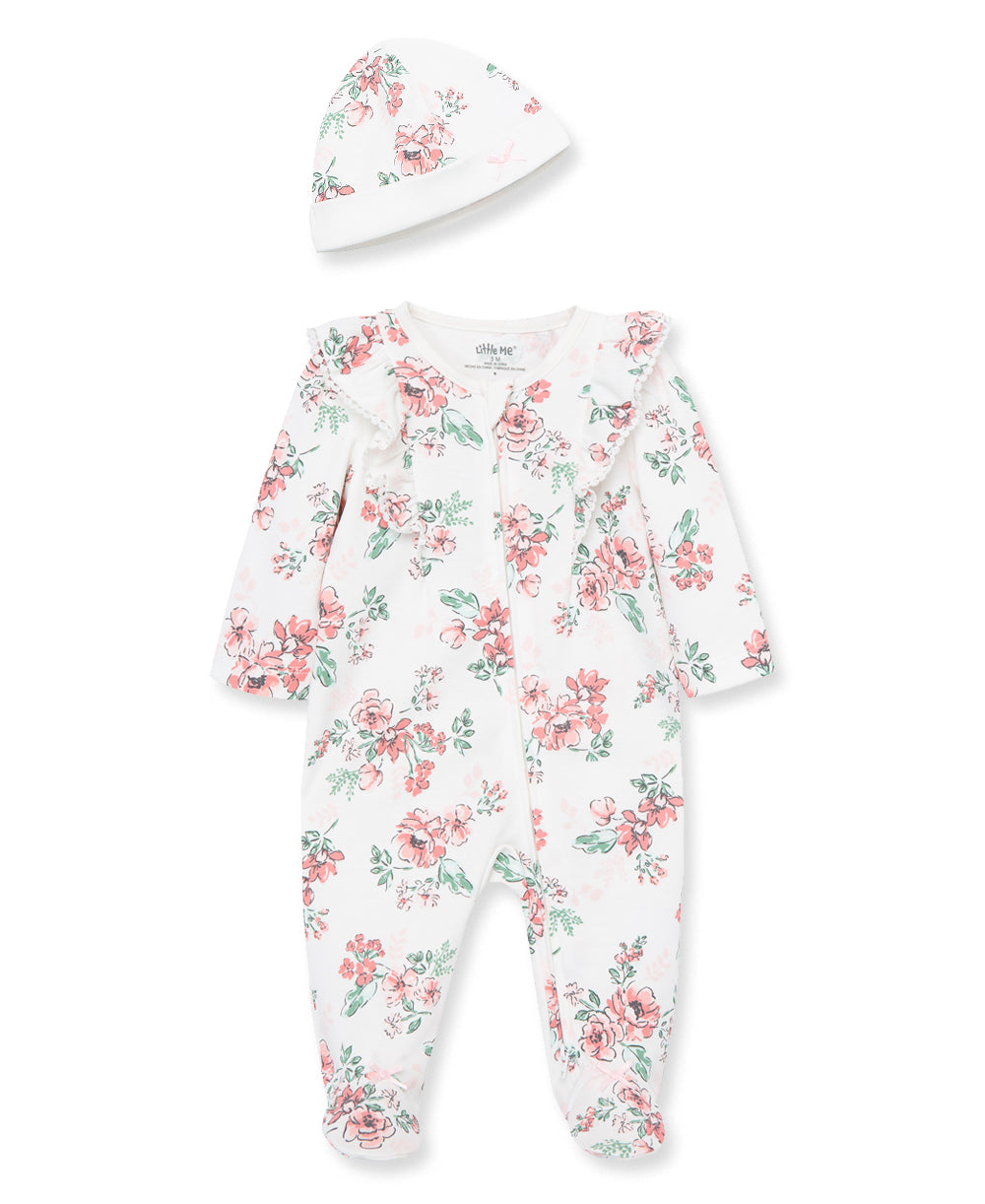  Whimsical Floral 2-Way-Zip Footed One-Piece And Hat、mySite、layawaytickets