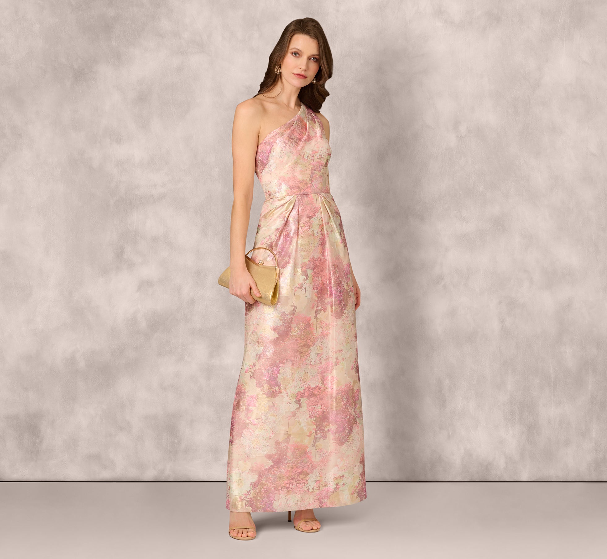 One Shoulder Pleated Jacquard Column Gown In Pink Multi、mySite、solidvoid