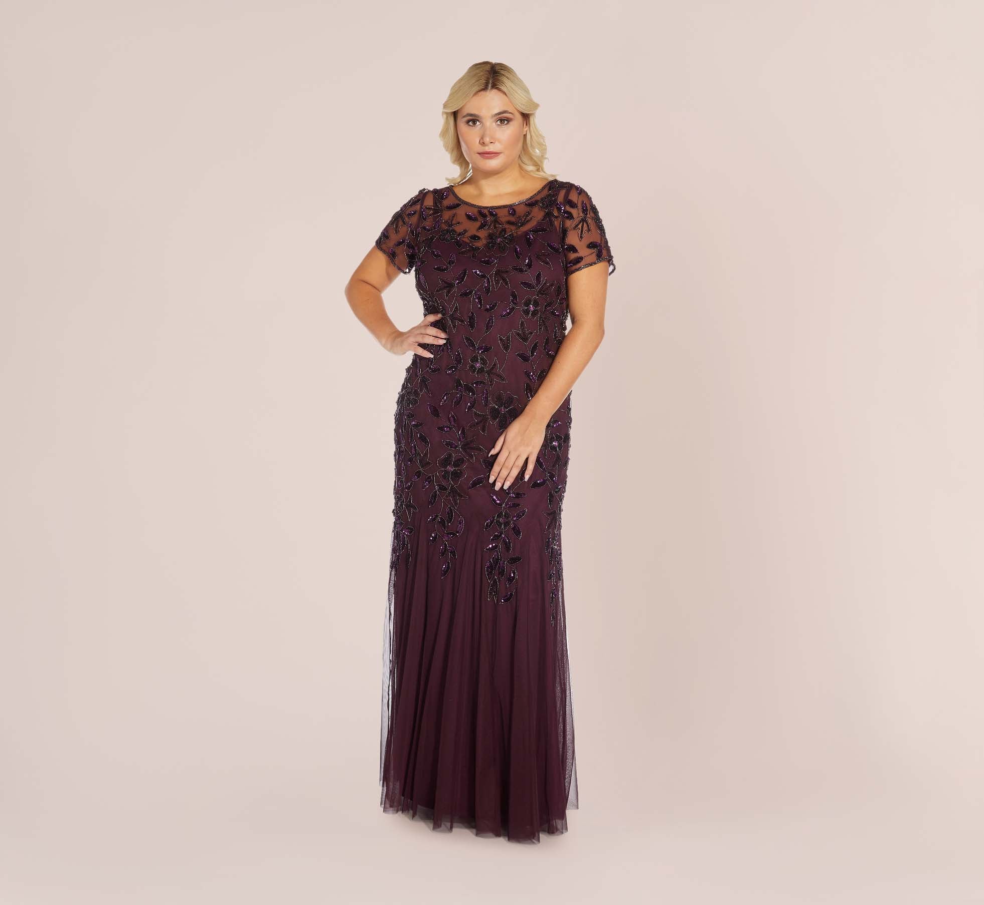Plus Size Hand Beaded Short Sleeve Floral Godet Gown In Night Plum、mySite、solidvoid
