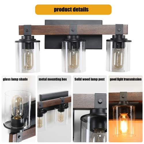 (Same as W1340119957/L1016) 27" Rustic 4-Light Vanity Light, Industrial Bathroom Wall Sconce with Glass Shades and Wood Accent, Modern Farmhouse Lighting Fixture (No Bulbs)、、eastwooduniform