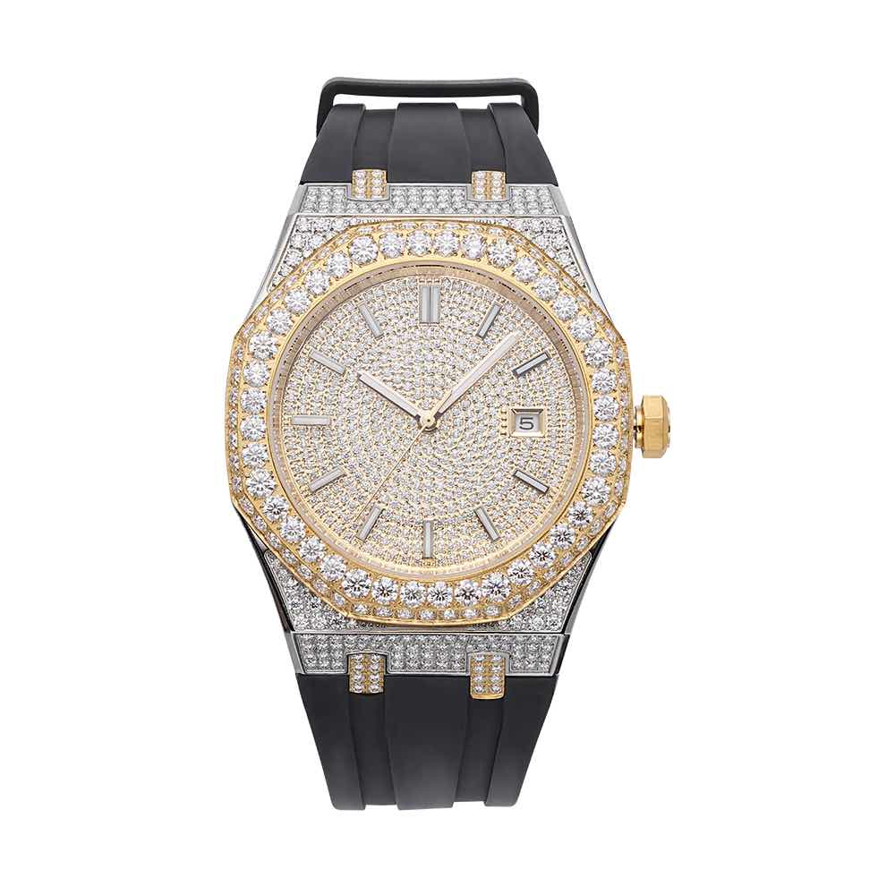Moissanite Iced Out Silicone Band Watch | 13.5CT | 14K Yellow Gold、mySite、hinf8tx79