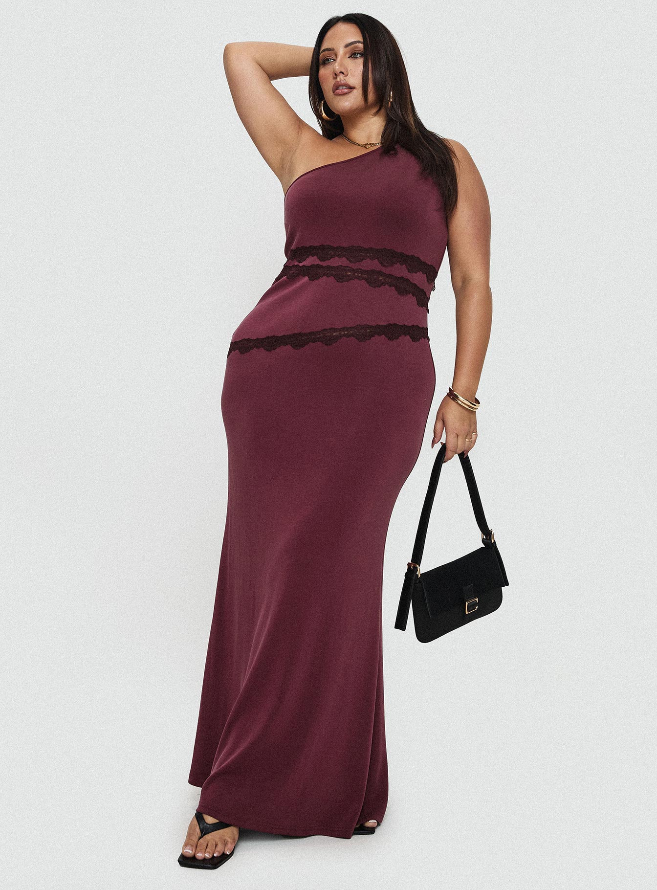 Ultraviolet One Shoulder Lace Maxi Dress Wine Curve、mySite、solidvoid