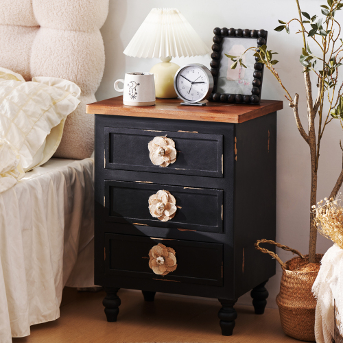 Vintage Farmhouse End Table with Floral Knobs – 19" Rustic Nightstand with 3 Drawers Gourd Legs,Bedside or Sofa Accent Table, Almost Fully Assembled, Black、、xpatfood
