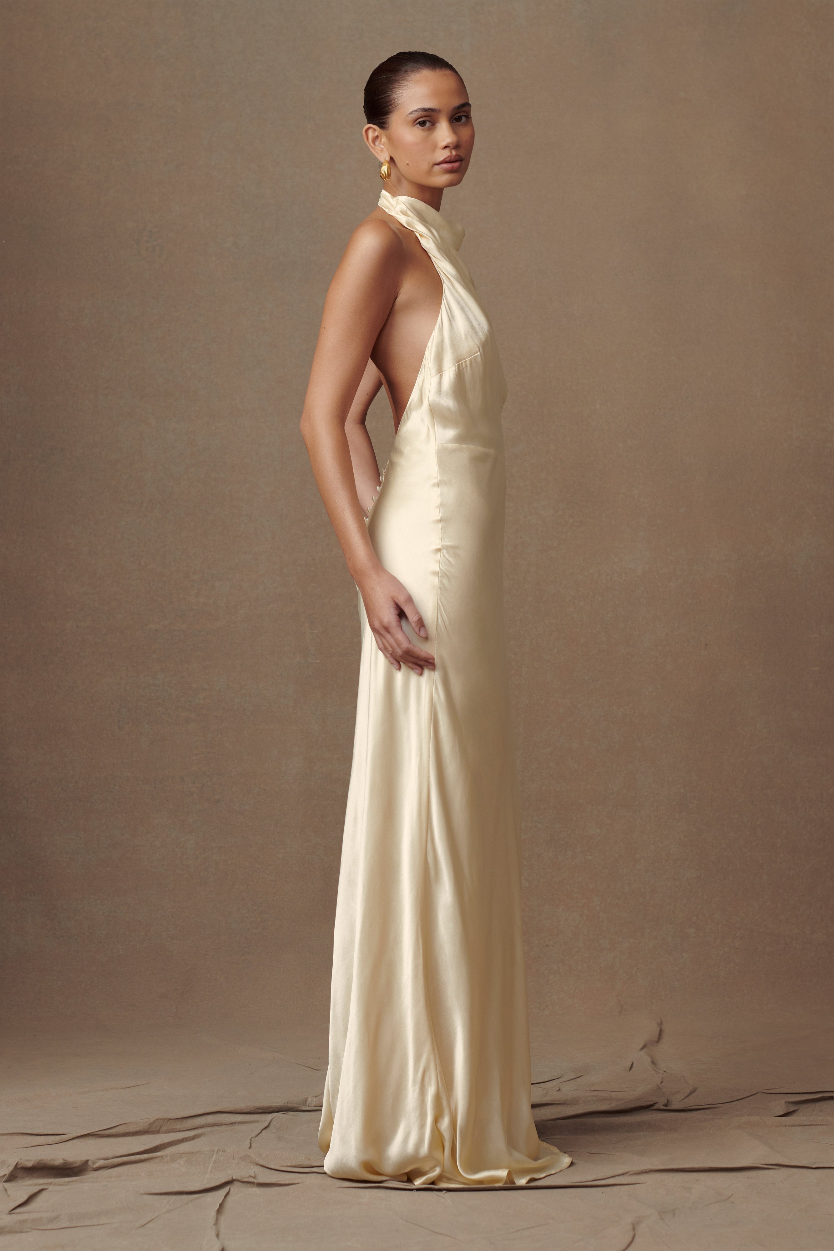 Esther Iridescent Satin Cowl Maxi Dress - Lemon Sorbet、mySite、solidvoid