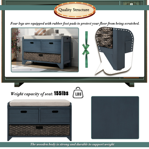 TREXM Storage Bench with Removable Basket and 2 Drawers, Fully Assembled Shoe Bench with Removable Cushion (Navy)、、casual