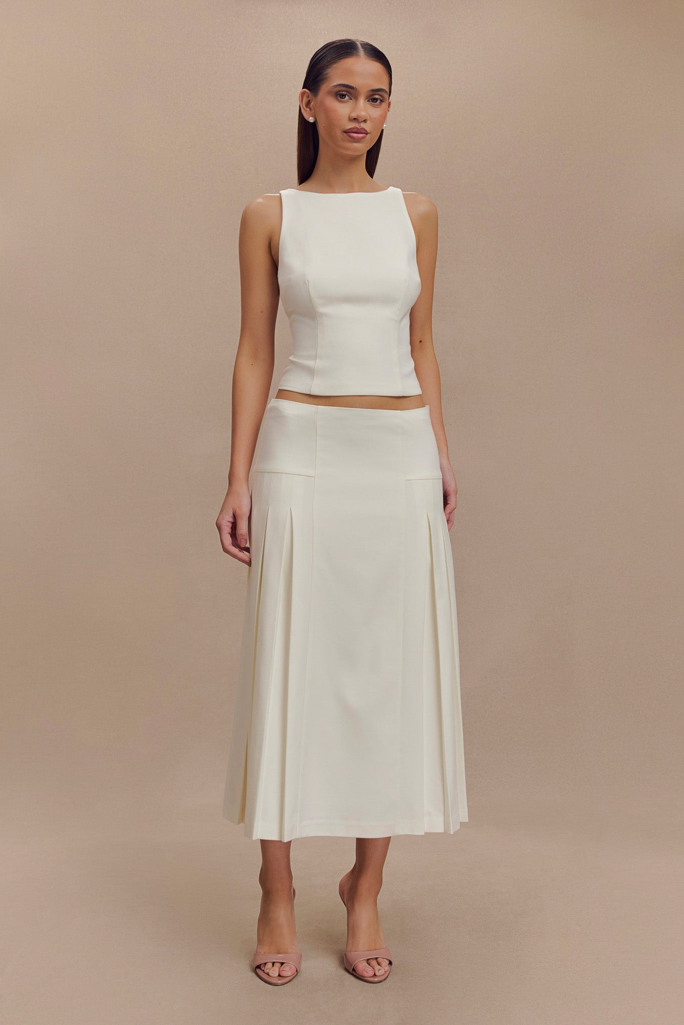 Brigette Pleated Midi Skirt - Ivory、mySite、solidvoid