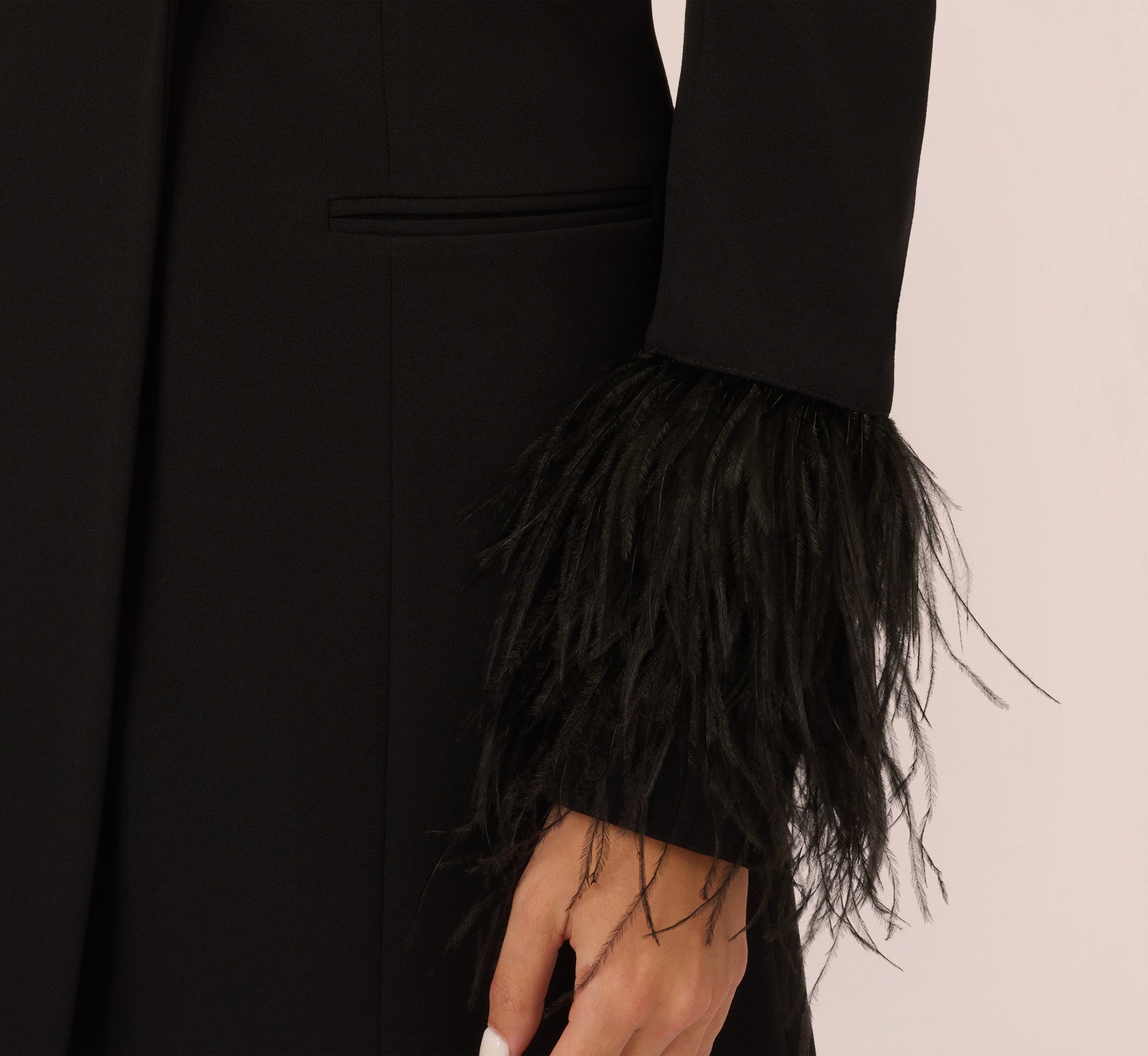 Knit Crepe Long Sleeve Blazer Dress With Feather Trim In Black、mySite、solidvoid