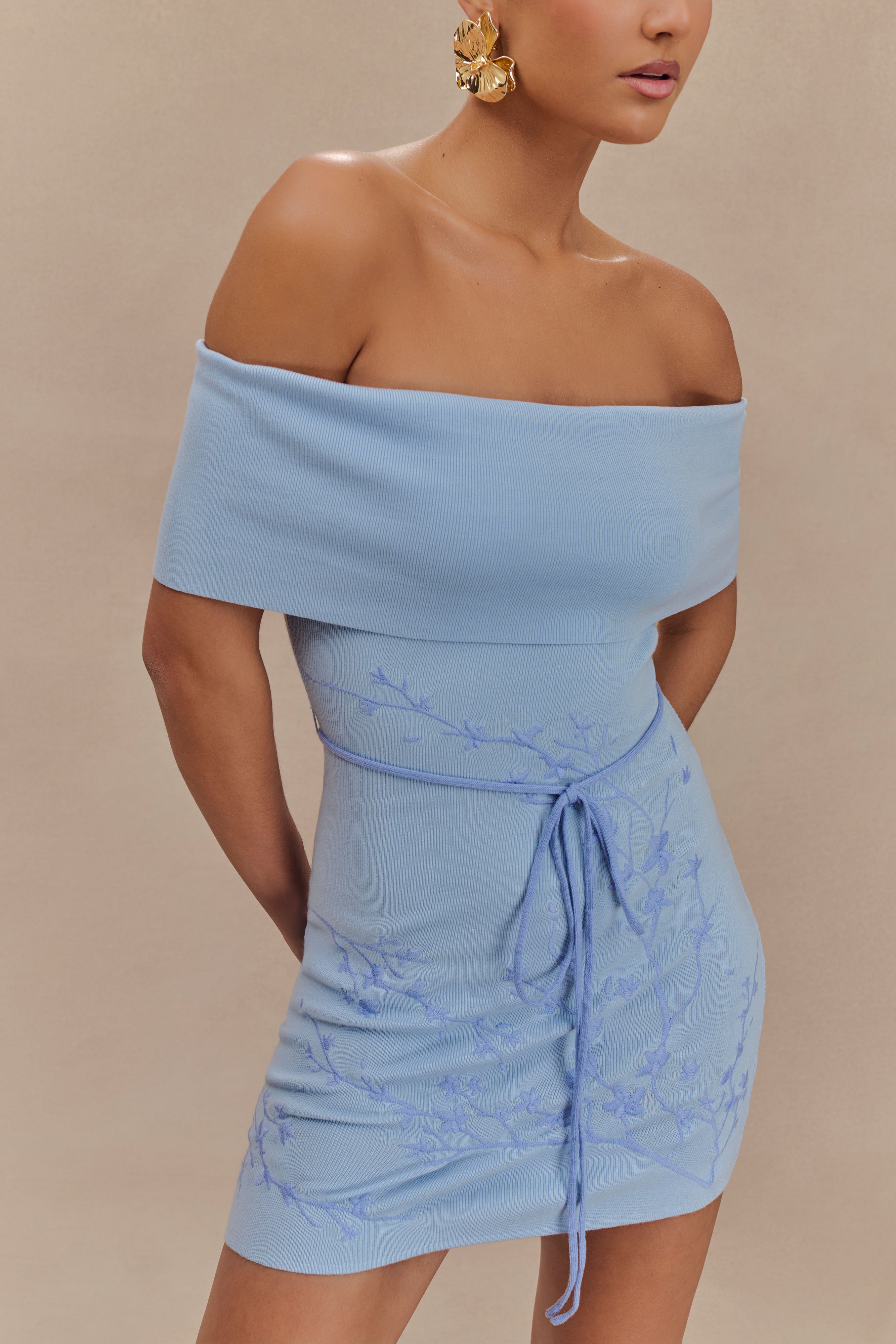 Mallory Off Shoulder Embroidered Knit Mini Dress - Ice Blue、mySite、solidvoid