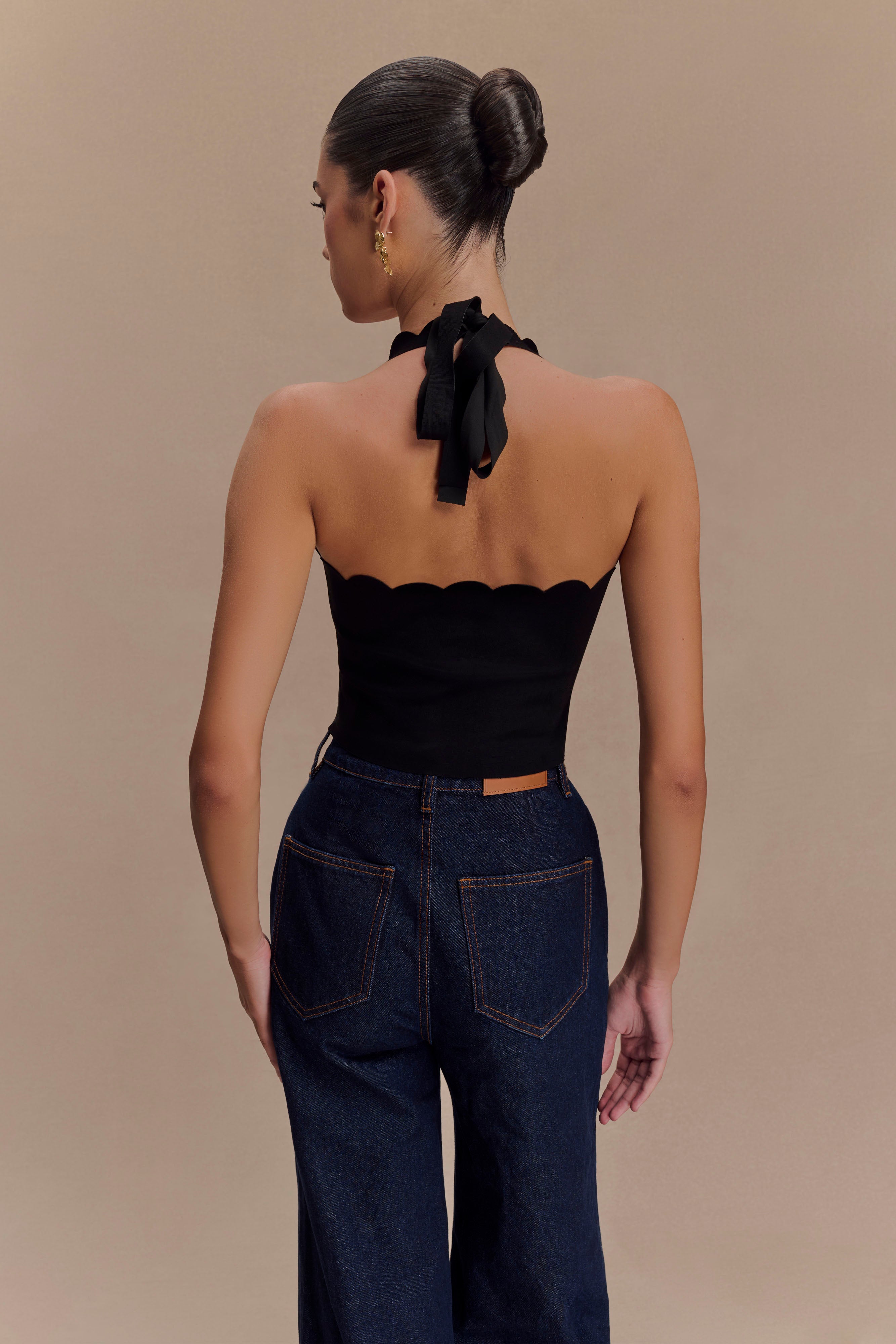 Selena Scalloped Jersey Halter Top - Black、mySite、solidvoid