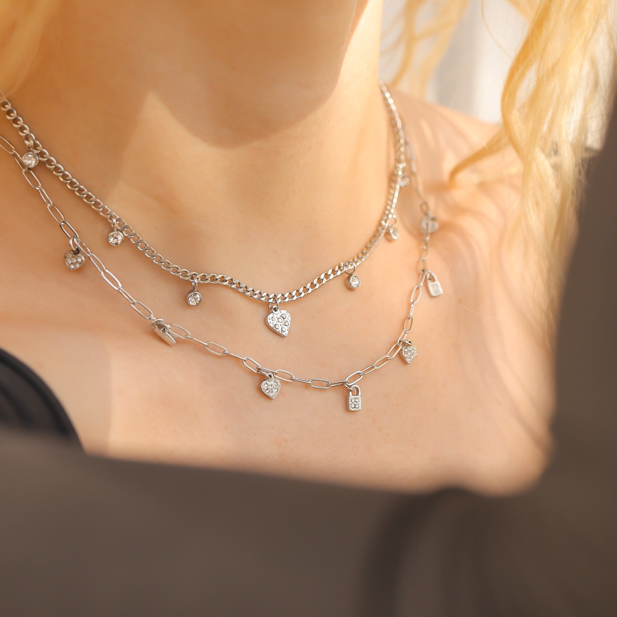 Stainless Steel 2 Row Heart & Lock Charm Necklace / CHN0069、mySite、dreamappss