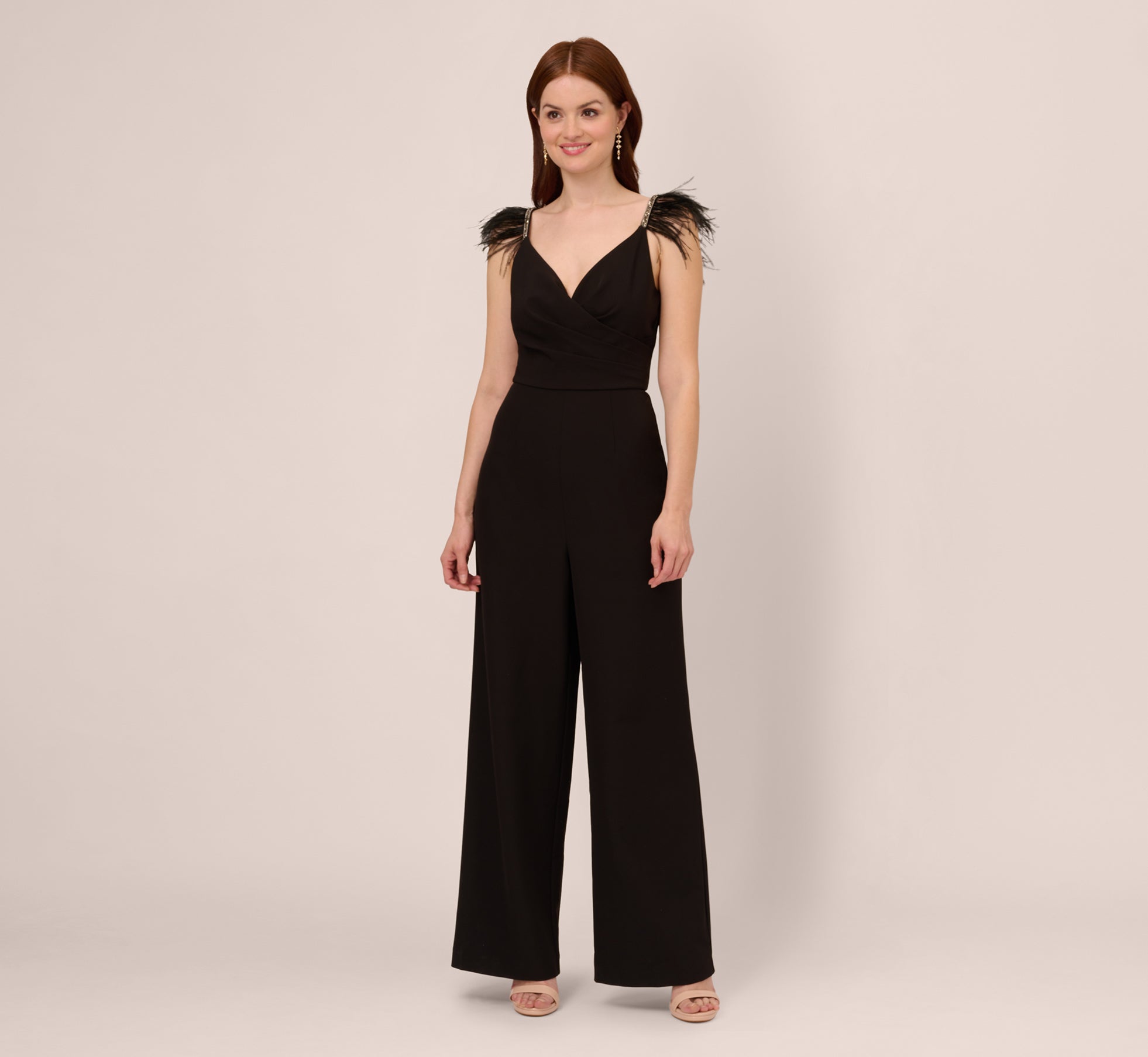 Crepe Wide Leg Jumpsuit With Bead And Feather Accents In Black、mySite、solidvoid