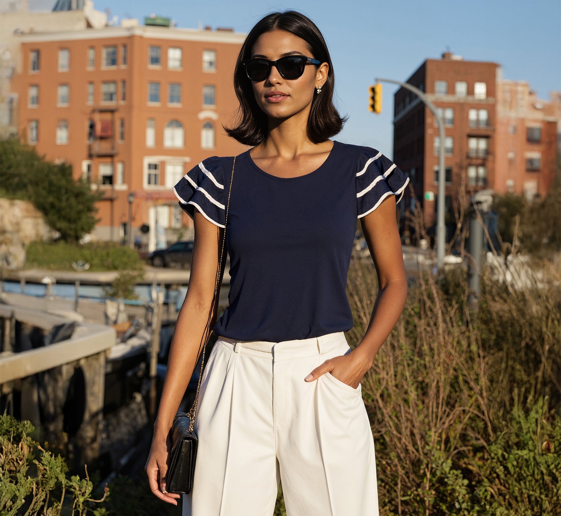 Ruffle Sleeve Contrast Trim Top In Blue Moon Ivory、mySite、solidvoid