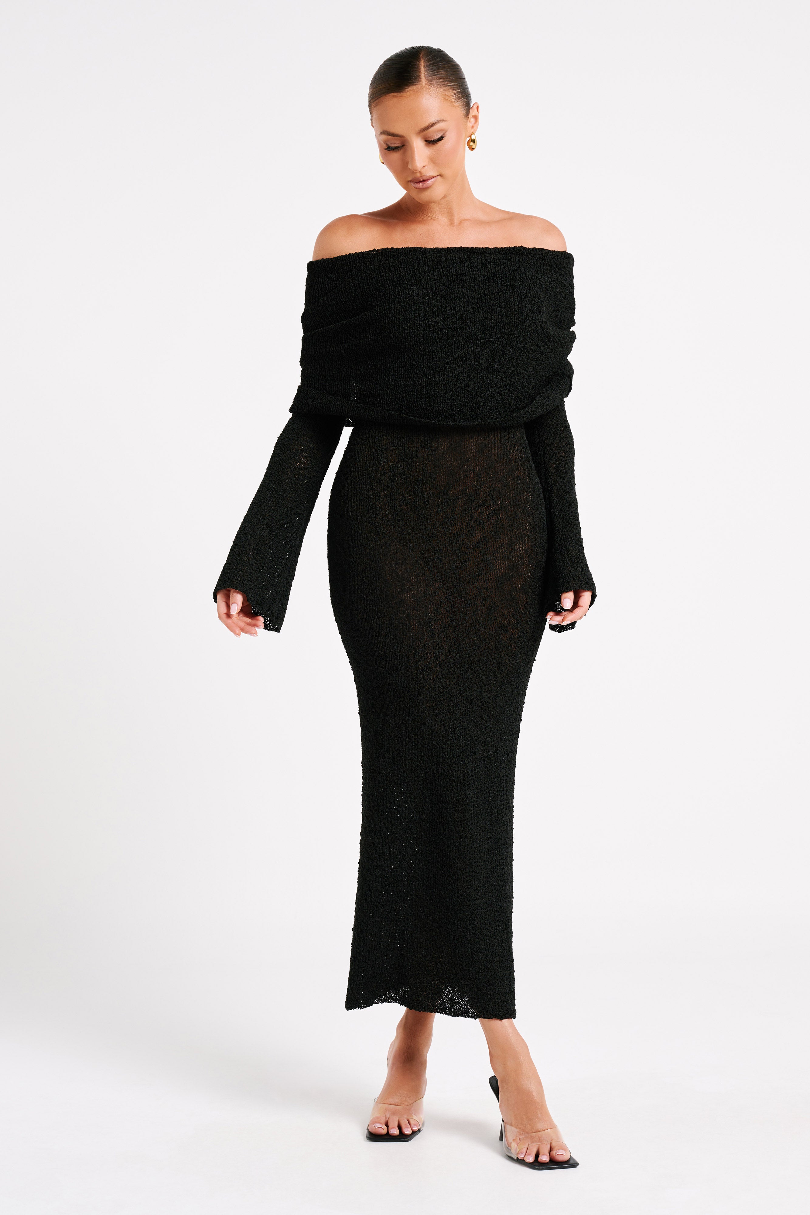 Marisol Off Shoulder Boucle Maxi Dress - Black、mySite、solidvoid