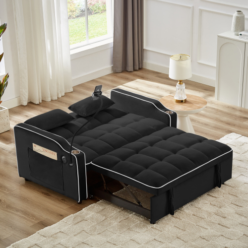 1 versatile foldable sofa bed in 3 lengths, modern sofa sofa sofa velvet pull-out bed, adjustable back and with USB port and ashtray and swivel phone stand (black)、、casual