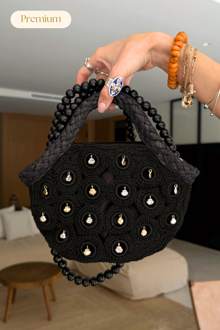 Black Crochet Shell Charm Mini Bag、mySite、solidvoid