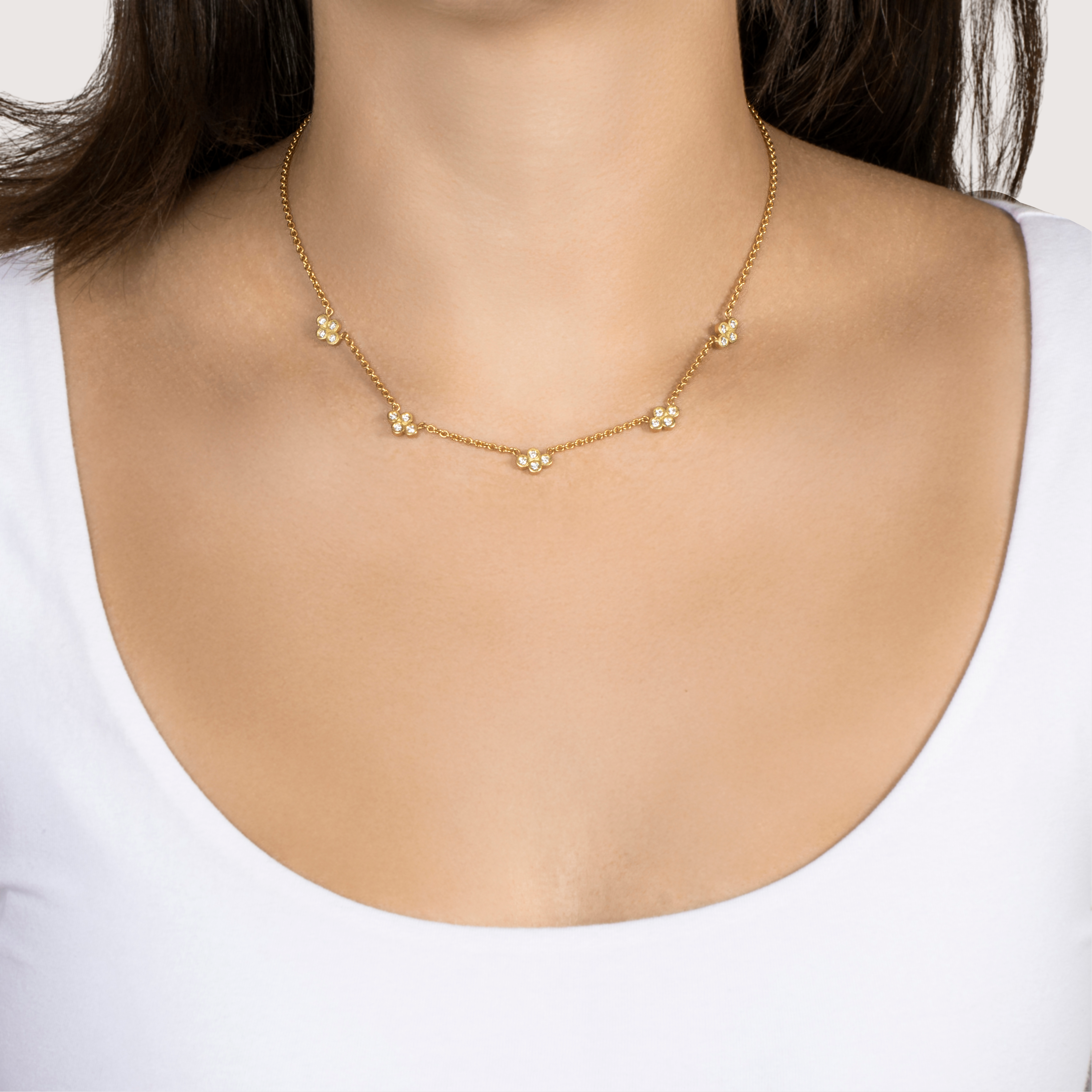 Vintage 18k Yellow Gold .50cttw Diamond Quatrefoil Station Necklace 15.5、mySite、hinf8tx79