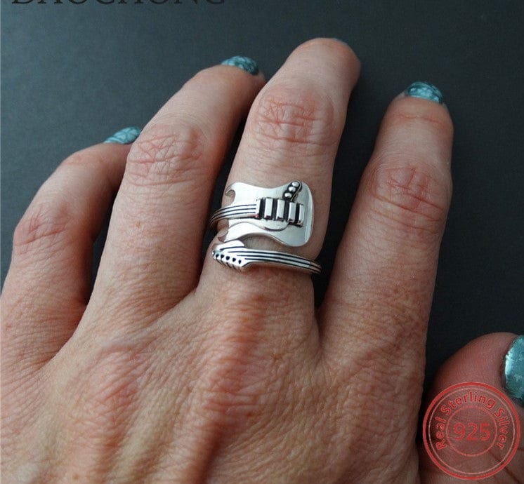 Guitar Ring Sterling Silver Antique look Electric Guitar Open Design Fits Most、mySite、g9winljtr