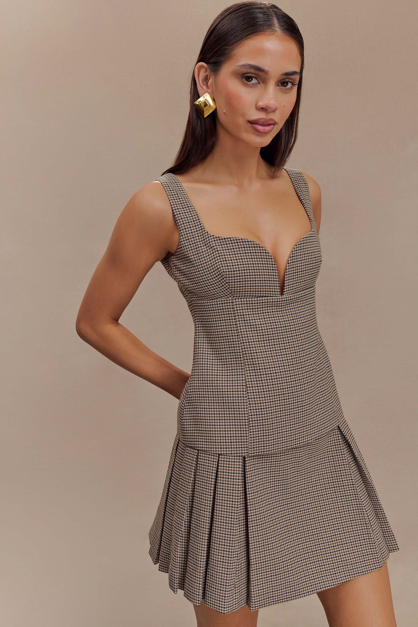 Angie Pleated Buckle Mini Skirt - Tan Check、mySite、solidvoid