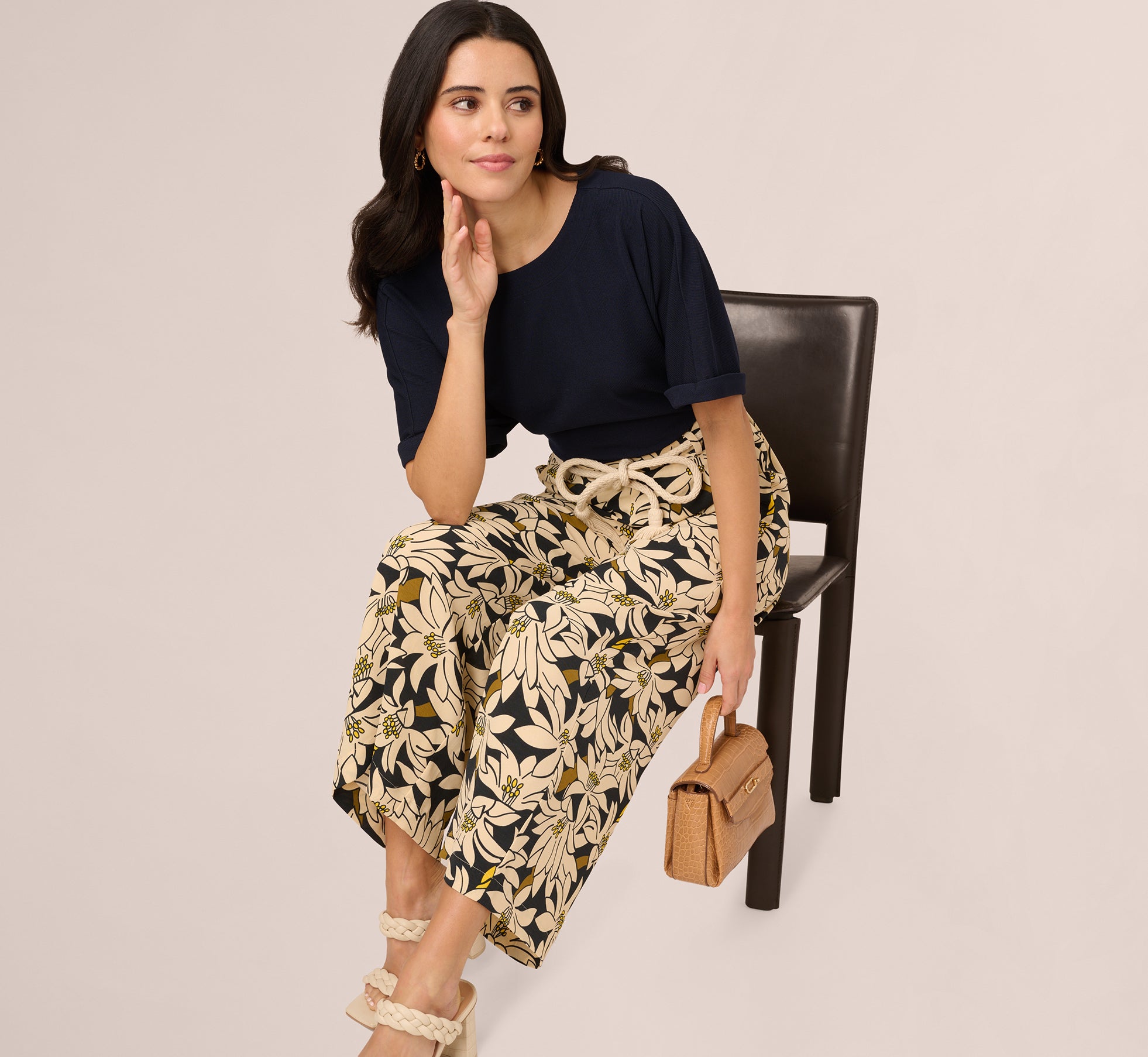 Rope Belt Floral Printed Wide Leg Pant In Black Olive Lily、mySite、solidvoid