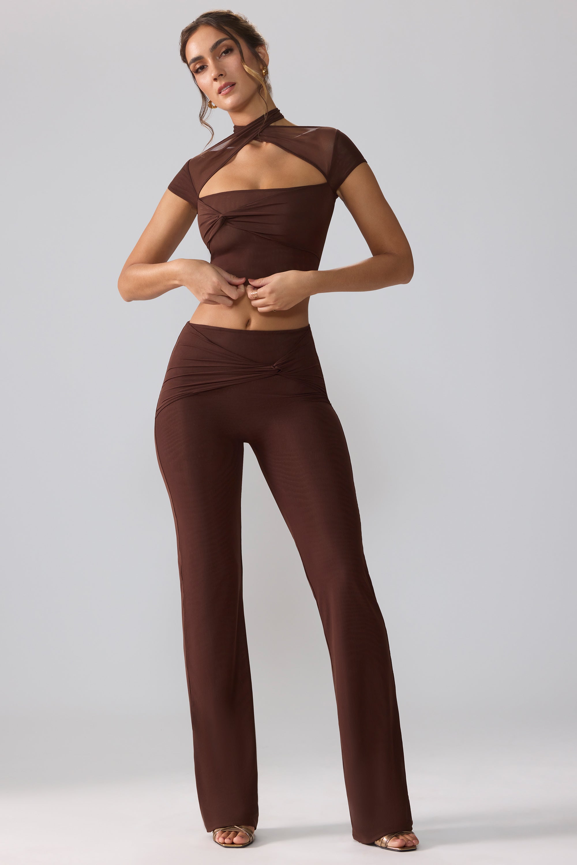 Petite Mesh Mid Rise Twist Overlay Flare Trousers in Espresso、mySite、solidvoid