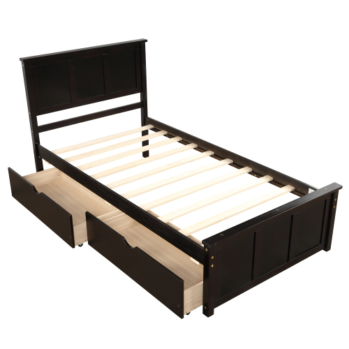 Platform Bed with Twin Size Trundle, Twin Size Frame, Espresso、、casual