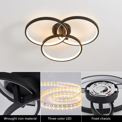 20" Modern Black LED Ceiling Light, 3-Ring Flush Mount Fixture for Living Room, Bedroom, or Dining Room, Sleek and Energy-Efficient Design, Easy Installation、、eastwooduniform