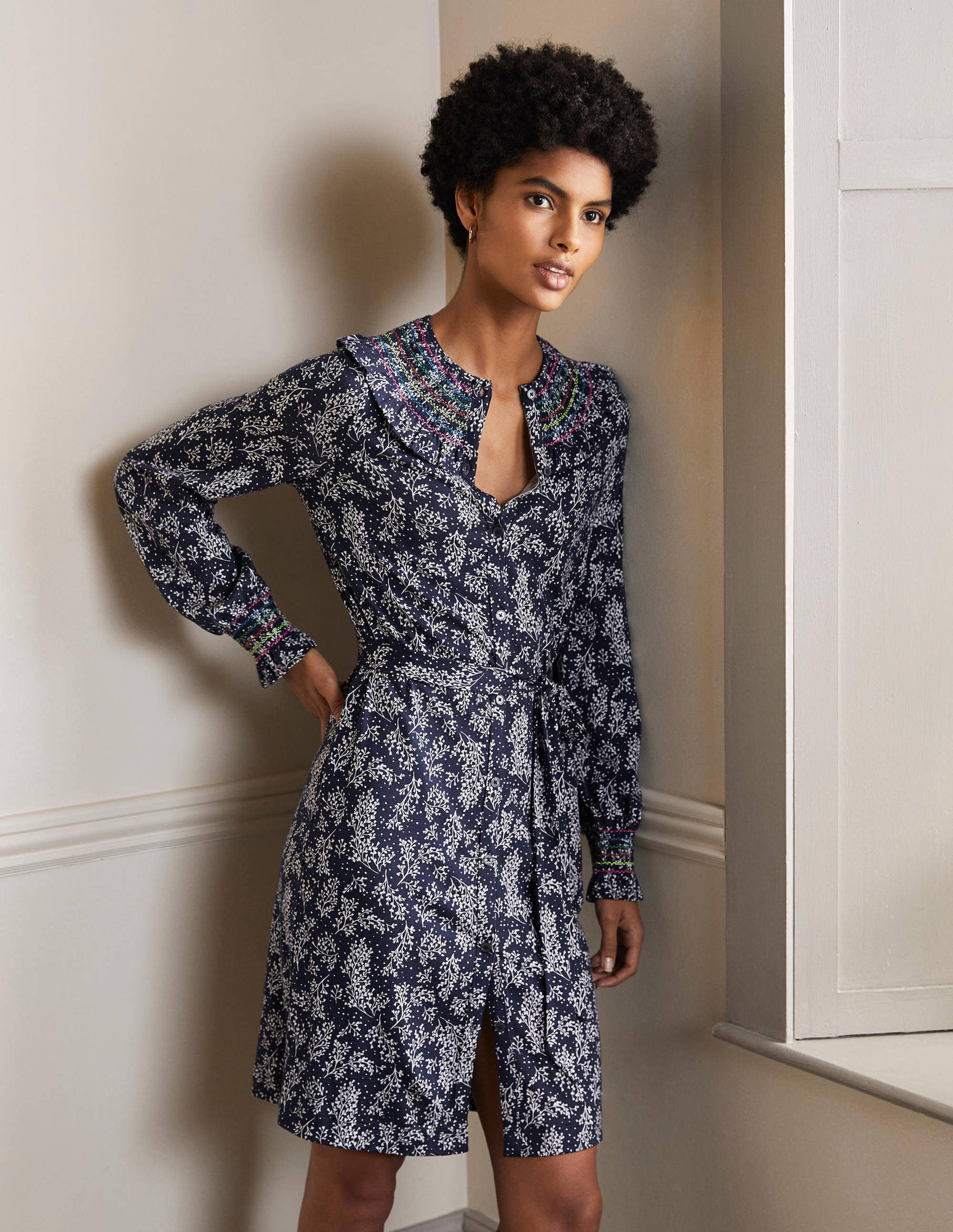  Smocked Detail Jersey Dress-French Navy, Leafy Sprig、mySite、ashleygrahame