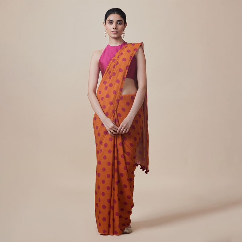 Linen Solid Saree with Blouse | Polka Dots | Orange、mySite、camillekostekn