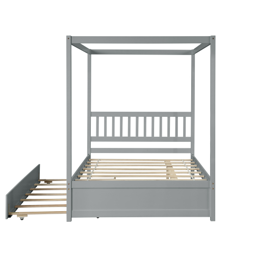 Full Size Canopy Bed with Twin Trundle, Kids Solid Wood Platform Bed Frame w/ Headboard, No Box Spring Needed Grey Color、、xpatfood