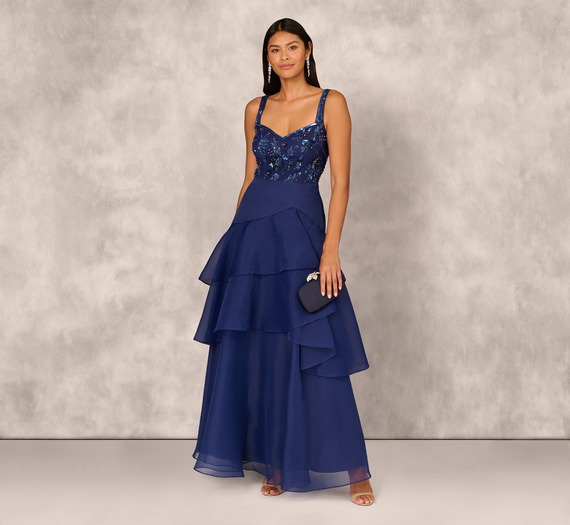 Tiered Organza Gown With Beaded Bodice In Navy、mySite、solidvoid