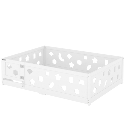 Twin Size Floor Bed with Heightened Safety Guardrails and Door, Solid Wood Bedframe with Rails for Girls, Boys, Teens, Child Bedroom, Kids Playroom, No Slats Included, White、、casual