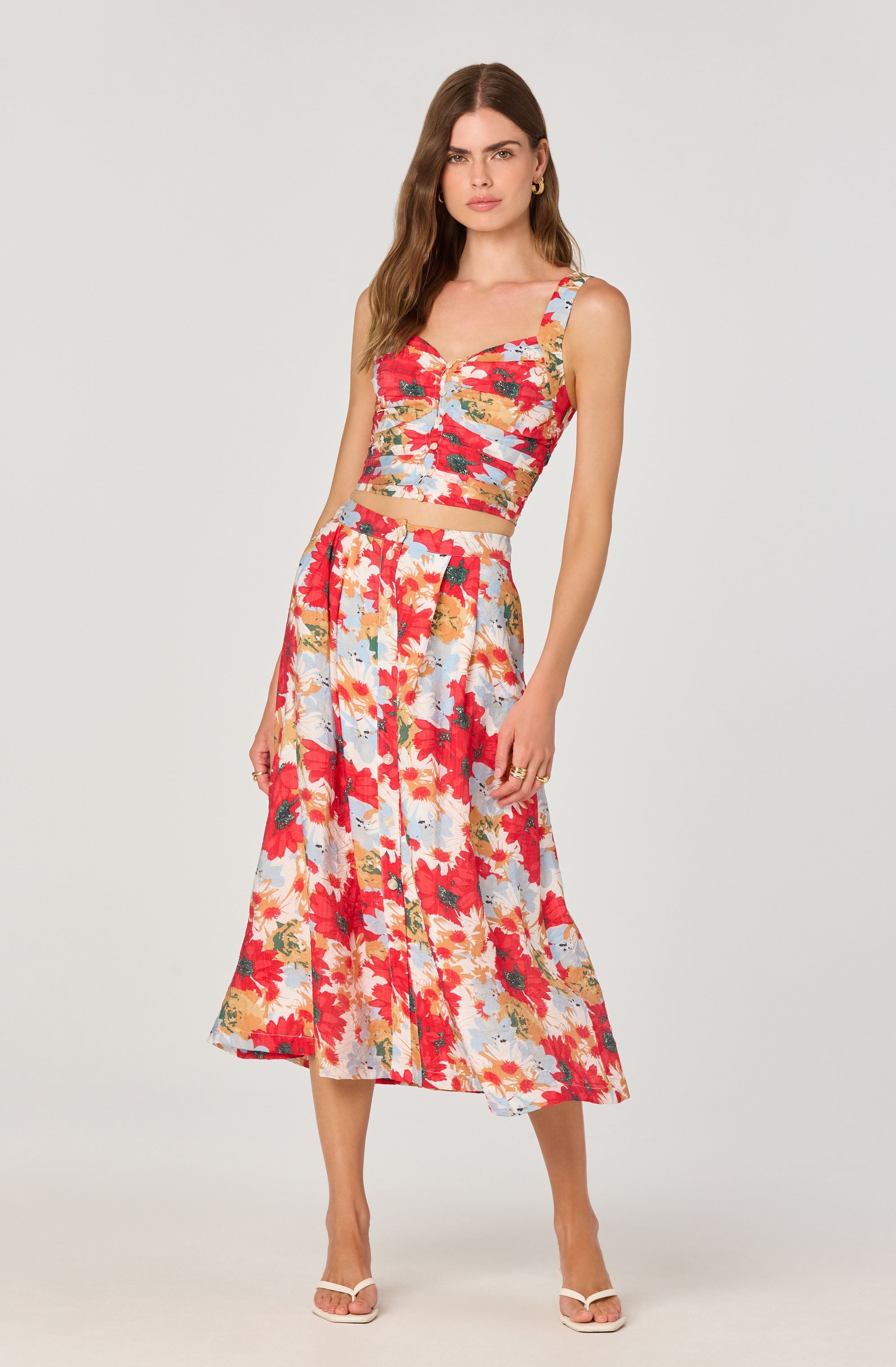 Button Front Pleated Midi Skirt、mySite、solidvoid